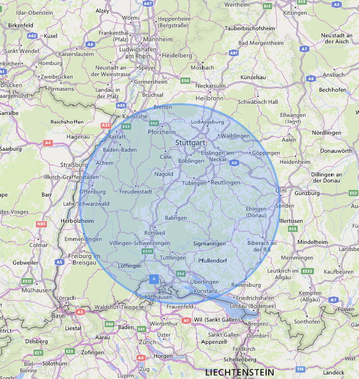 Darstellung Kartenausschnitt mit Radius von 80km um den Standort von terrassenbauen.com